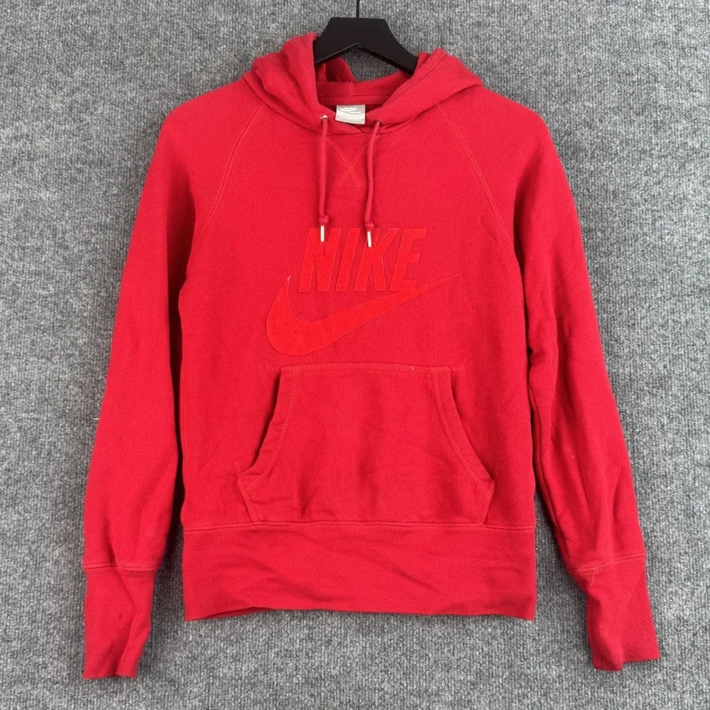 Nike Sportswear Hoodie Womens M Red Tonal Velour Logo Pullover Cotton Swoosh Y2K